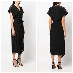 IRO Britta Black Wrap Lace Detail Midi Dress Size EUR 36 US 4 NWT